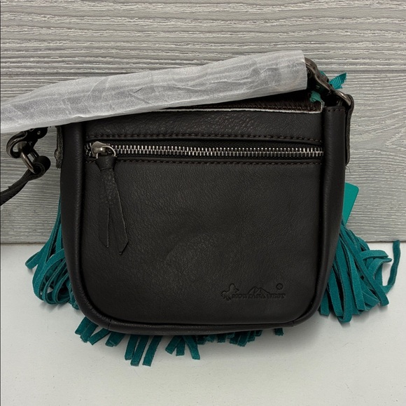 Montana West Brown Faux Calves Hair and Leather Teal Fringe Crossbody Bag - Picture 3 of 11